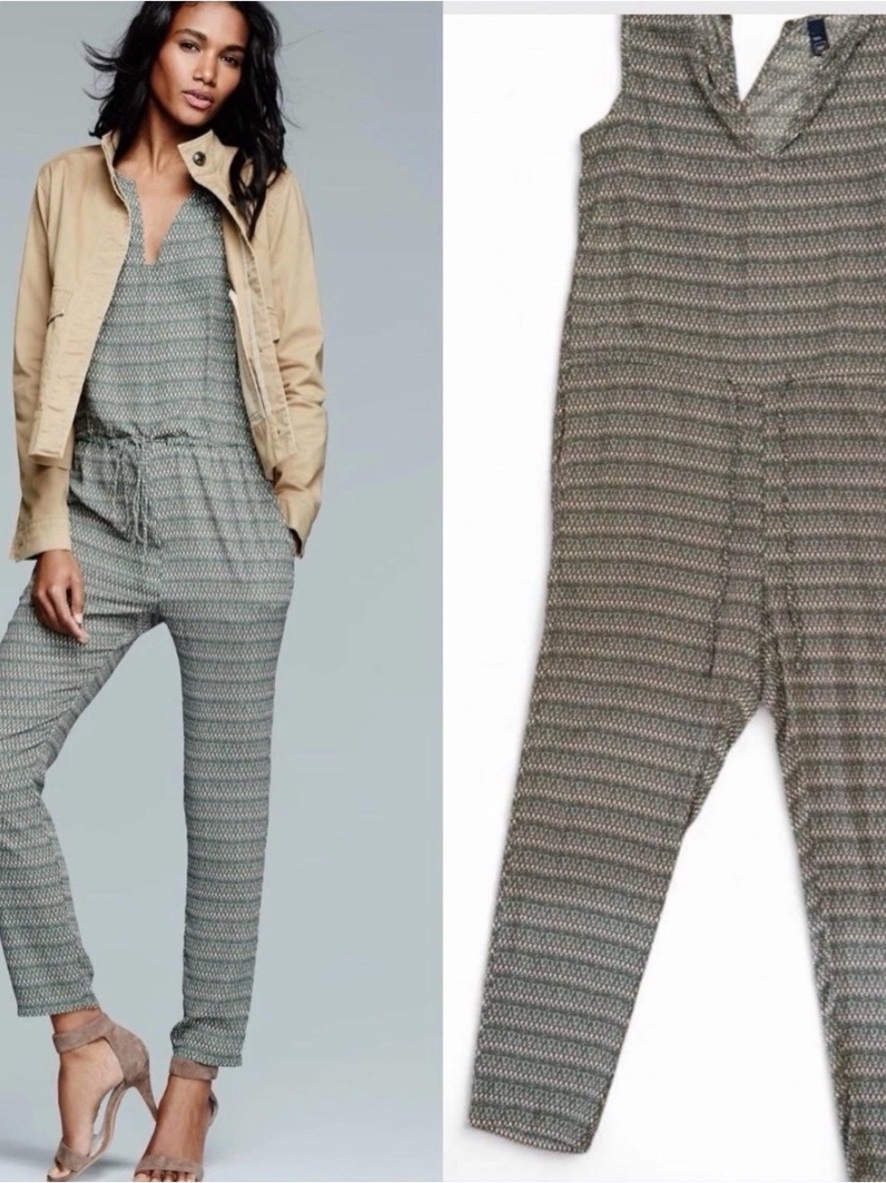 the Gap women’s Split-Neck Print Jumpsuit in the "Blue Chevron" pattern